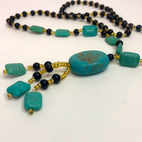 Blue Turquoise And Onyx Gemstone Bead Necklace 28” Long - Picture 3 of 6
